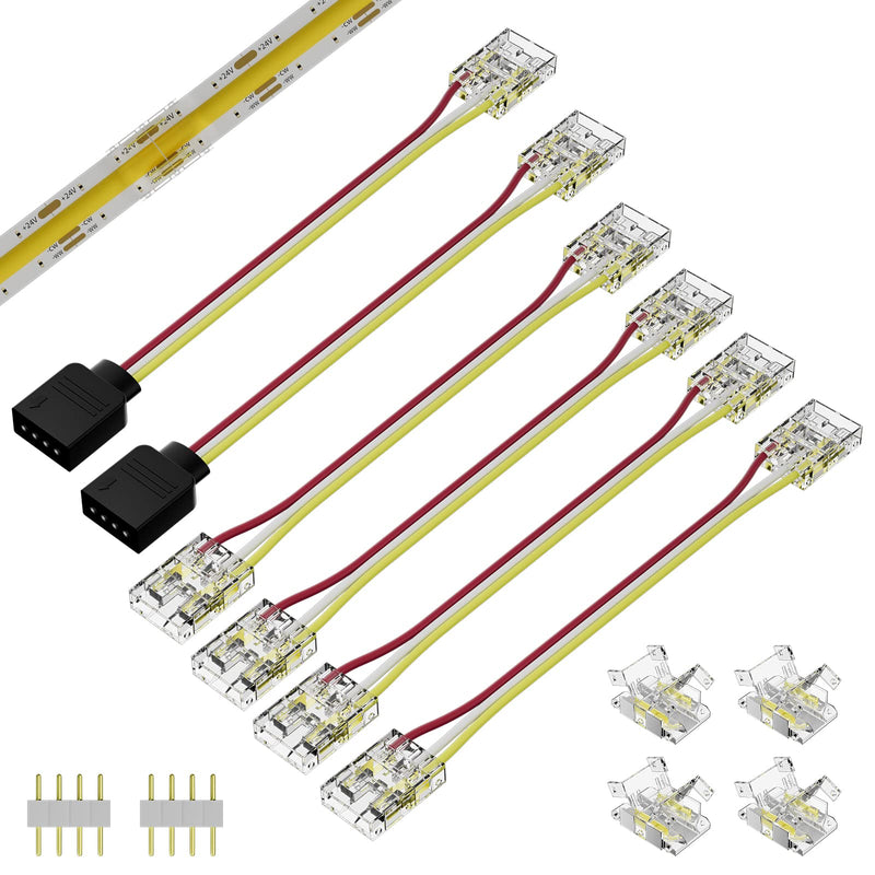PAUTIX 10mm Connectors for CCT COB LED Strip Light 3 Pin Solderless Terminal Extension Connection Kit,4pcs Dual End Extension Connectors,2pcs Strip to DC Plug Extension Wire,4pcs Gapless Connectors Connector Kit