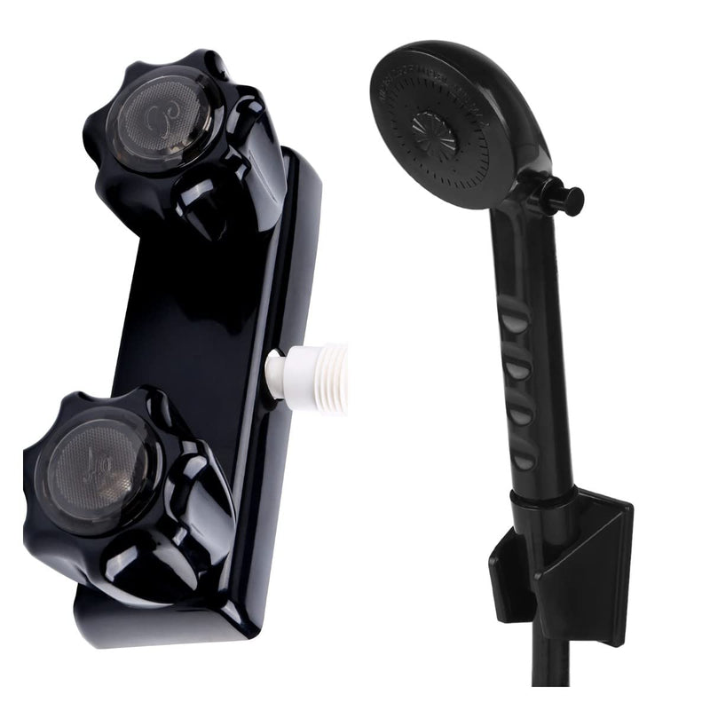 RV Shower Faucet w/Showerhead and Hose - Outdoor Non-Metallic Shower Parts On-Off Handheld Shower Head Valve Diverter Replacements for RVs, Fifth Wheels, Motorhomes,Travel Trailers,Campers,Black Black w/ Black Knob