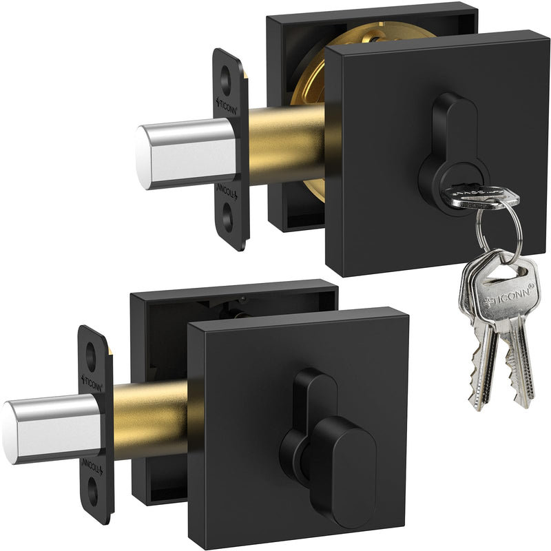 TICONN Matte Black Door Handle Heavy Duty, Reversible Square Door Lever for Bedroom, Bathroom, Rooms (Deadbolt Only, 2 Pack) Deadbolt Only