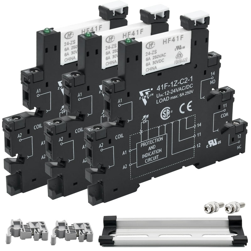 3Pcs Electromechanical Relay Black Miniature Power Relay 24VDC and 24VAC HF41F/24-ZS 6Amp SPDT with LED Light, DIN Rail, Ultra Small and Thin Socket Black Screw Socket C2 3