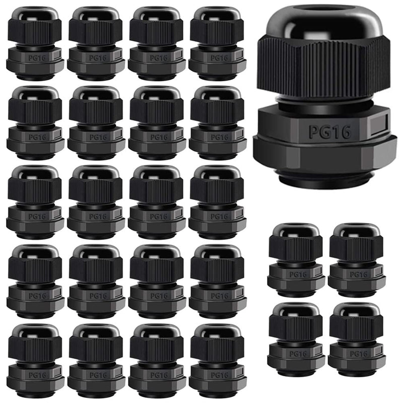 25Pcs PG16 Cable Gland, Plastic Waterproof Adjustable 8.5-14mm IP68 Cable Gland Joint with Rubber Gaskets, M22*1.5 Wire Connector, Wire Protector (Black)