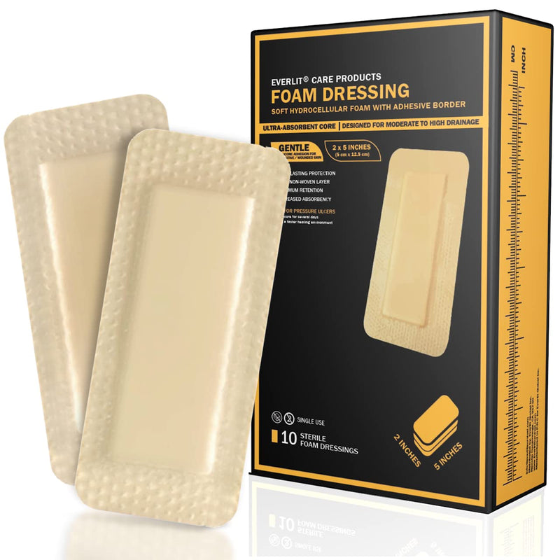 EVERLIT Silicone Foam Dressing with Gentle Adhesive Border | Sterile, Highly Absorbent, Waterproof Hydrocellular Foam Bandages | Advanced Wound Care for Bed Sores, Pressure Ulcers (2" x 5" | 10 Pack) 2" x 5" | 10 Pack