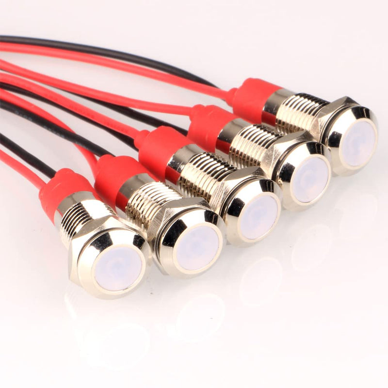 8mm Waterproof Signal Indicator Lamp, 3V-4.5V-5V-6V-7.5V-9VDC Energy Saving LED Metal Indicator Light with Wire(5pcs x White)