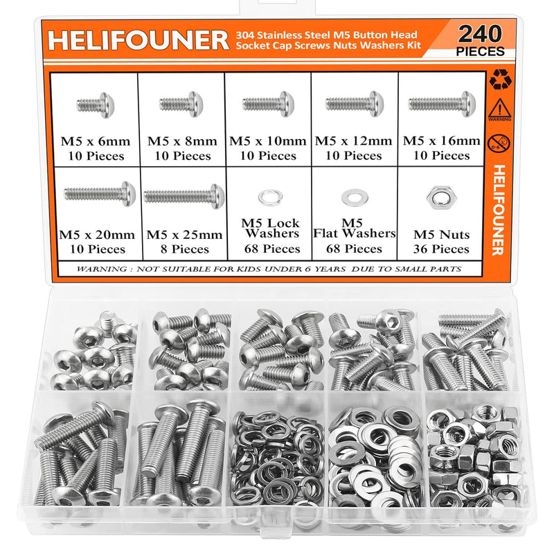 240 Pieces M5 x 6mm /8mm /10mm /12mm /16mm /20mm /25mm, Button Head Socket Cap Screws Bolts Washers Nuts Kit, 304 Stainless Steel