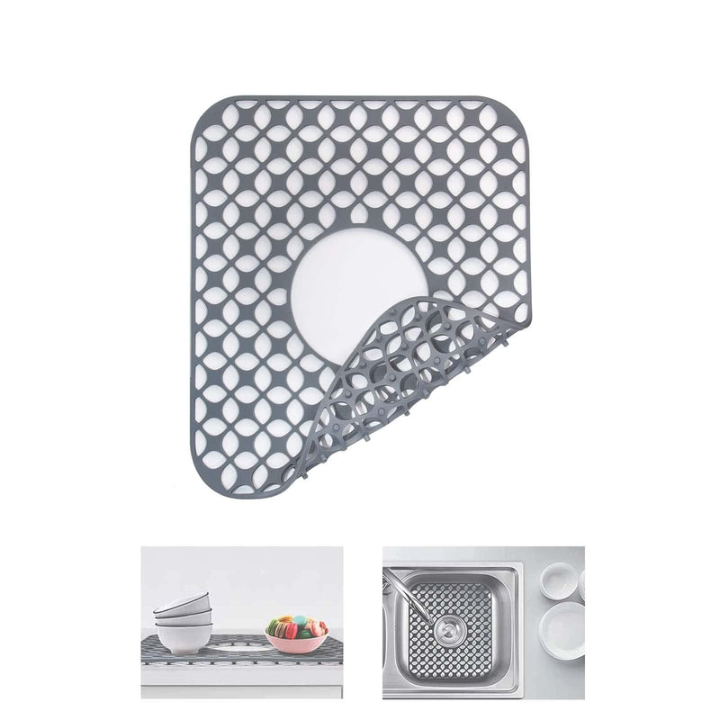 Sink Protectors for Kitchen Sink, SCITURE Sink Mats for Kitchen Stainless/Ceramic Sinks, Folding Non-slip Kitchen Sink Mat, Heat Resistant Silicone Sink Mat (1 Pcs, Grey, 13.58 ''x 11.6 '') Center Drain Sink