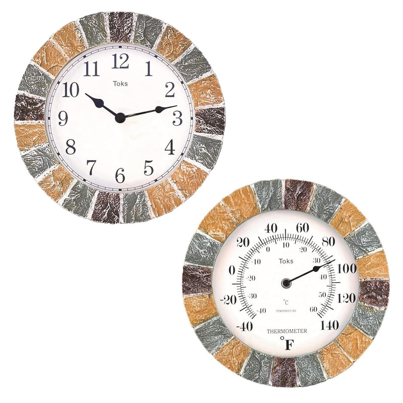Lily's Home Indoor or Outdoor Large Hanging Wall Clock and Thermometer Set. Made of Durable Polyresin Plastic. 10" Inch Diameter. (Stone)
