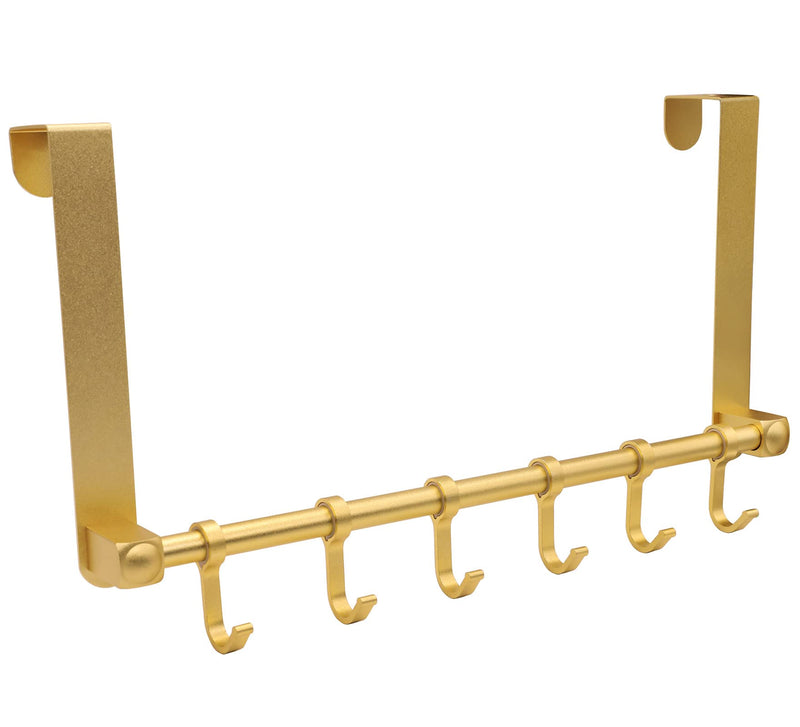 Over The Door Hooks Door Hanger, Moving 6-Hooks Over Door Coat Rack for Hanging, Aluminum Heavy Duty Door Organizer for Towel Robe Hat Bag, Behind Back of Door Bathroom (Gold) Gold