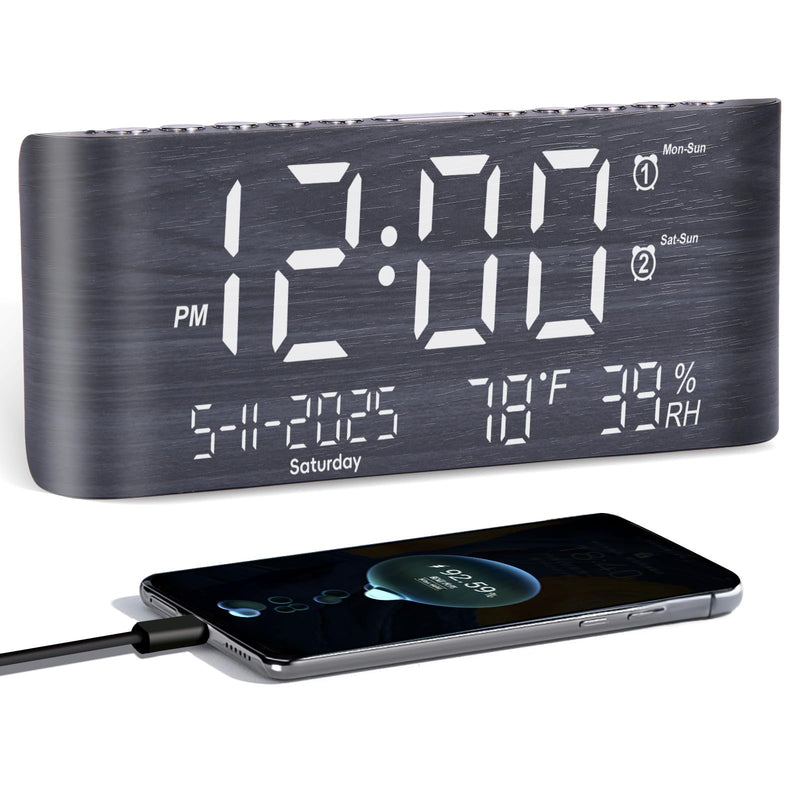 PPLEE 8.7inch Digital Alarm Clock for Bedroom-Digital Clock with Day of Week Month Year Humidity & Temperature Brightness Snooze 2 Alarm Clock & 2 USB Charger Desk Clock for Heavy Sleeper