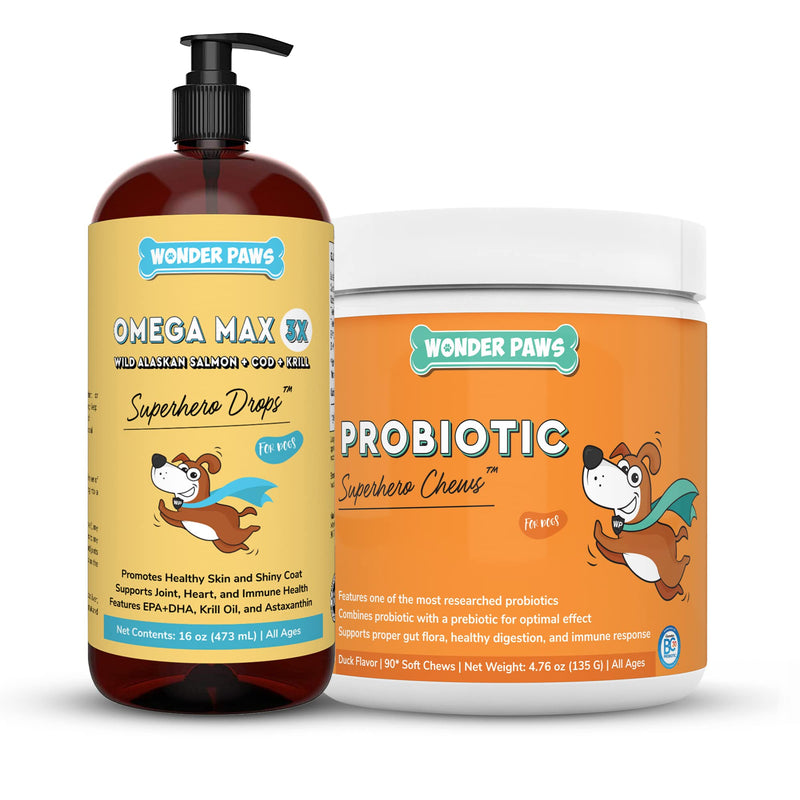 Omega Max Fish Oil Plus Probiotic Chews - for Dog Joint Health, Skin Moisture, Gut Health & Daily Wellness - Omega Max 16 Ounces - Probiotic 90 Chews - PawsPlanet Australia