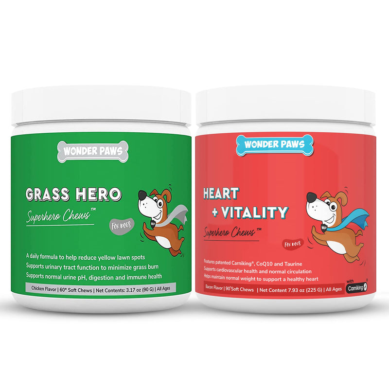 Grass Hero Soft Chews Plus Heart + Vitality Chews - for Dogs Urinary Tract Health, Lawn Care, Cardiovascular Support & Energy - Grass Hero 60 Chews - Heart + Vitality 90 Chews - PawsPlanet Australia