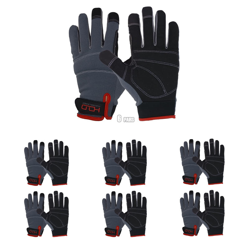 HANDLANDY Work Gloves for Men & Women, Utility Mechanic Working Gloves Touch Screen, Flexible Gardening Gloves for Yard Large (Pack of 6) Grey (6 Pairs)