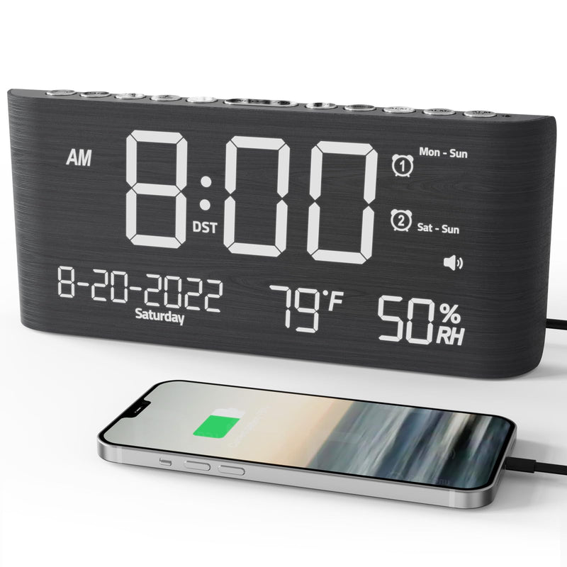 Raynic Alarm Clock, 8.7 Inch Digital Clock, Alarm Clock with USB and Type-C Charger,Dual Alarms,Temperature, Humidity,Date, 5 Adjustable Volume and 5 Dimmer for Bedroom Living Room Office (Grey) Dark Grey