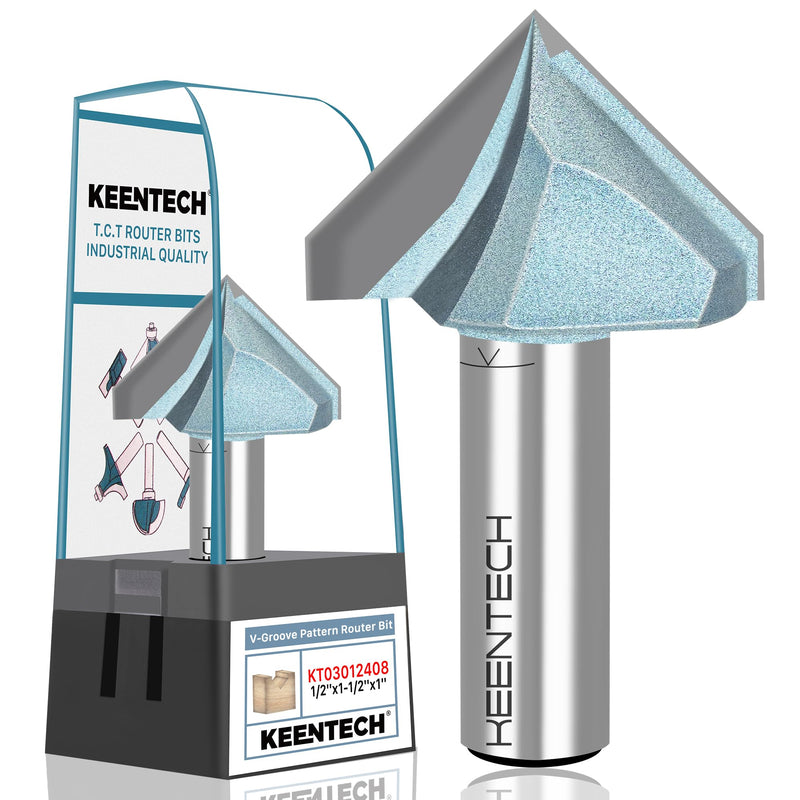 KEENTECH Router Bits, Carbide Tipped 90-Degree V-Groove Router Bit for Grooving, Industrial Grade Cutting Tools for Woodworking (1/2 Inch Shank x 1-1/2 Inch Diameter x 1 Inch Depth, KT03012408) 1/2"(Shank)*1-1/2"(Dia.)*1"(Depth)