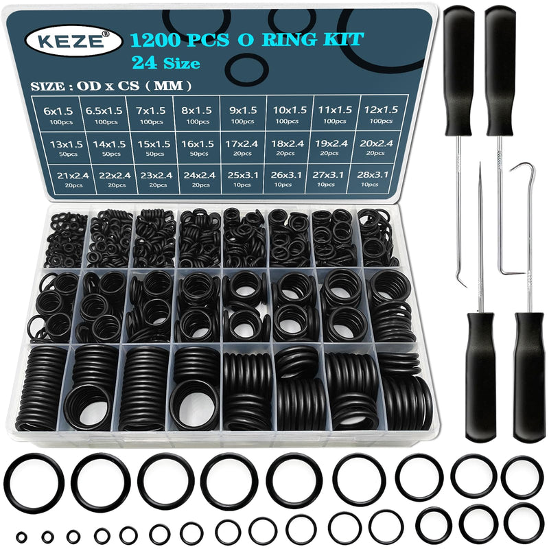 KEZE 1200 Pcs 24 Size Universal Rubber O-Ring Assortment Kit with 4-Piece Precision Pick and Hook Set for Auto Vehicle Faucet Plumbing Pressure Washer Air or Gas Sealing Repair OD:6mm-28mm O Ring OD 24 Size Metric O Rings - NewNest Australia