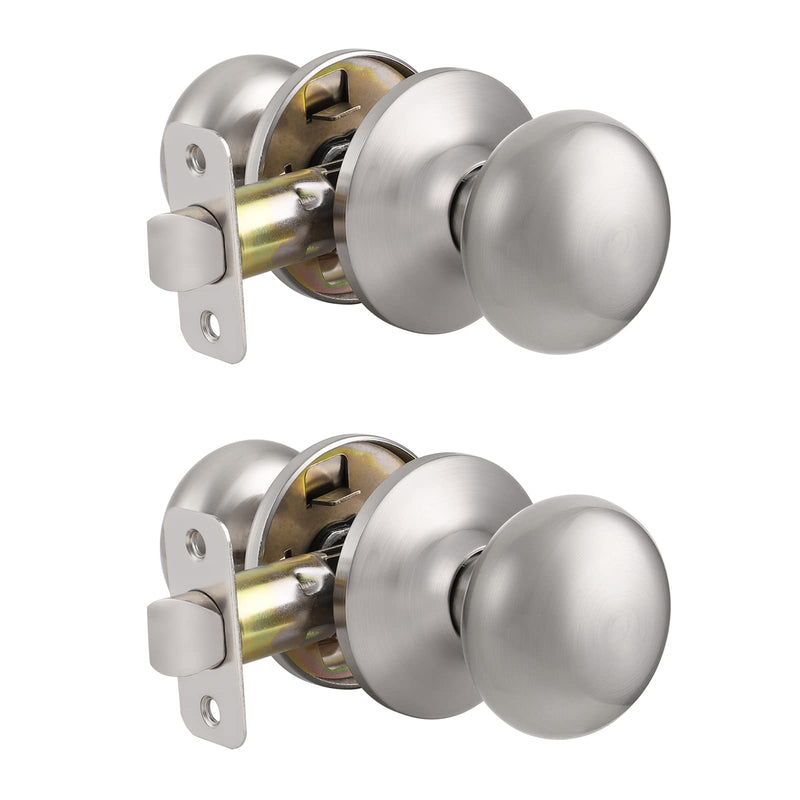 Probrico Door Knobs Interior, Passage 2 Pack, Brushed Nickel Interior Door Handles Keyless, Round Ball Knob for French Closet Hallway, Universible Lever, Solid Adjustable Latch