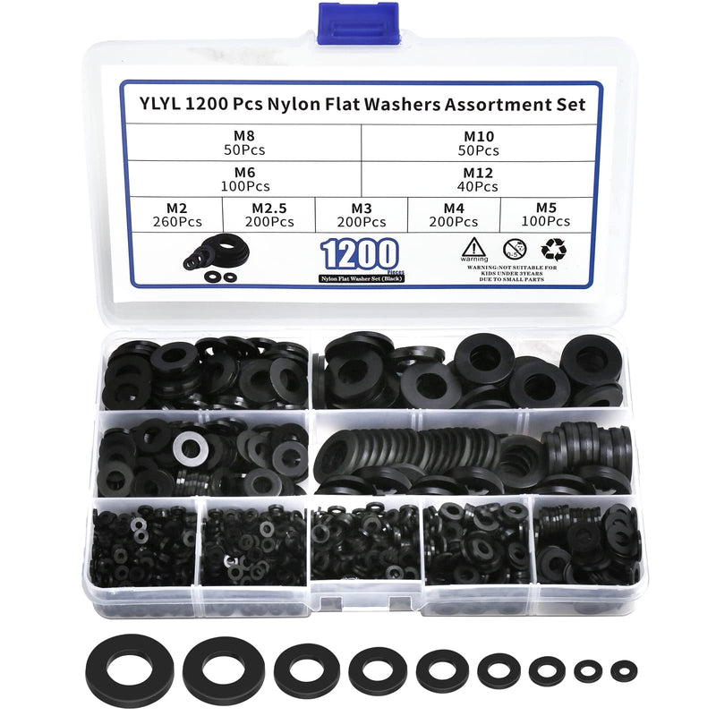 1200 Pcs Nylon Flat Washers for Screws Bolts, Black Plastic Washers, Premium Fender Washers Assortment Set, Assorted Washers Kit (9Sizes-M2 M2.5 M3 M4 M5 M6 M8 M10 M12) for Household & Commercial YLYL 1200 Pcs Nylon Flat Washers
