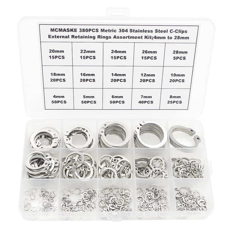 380PCS Metric 4mm-28mm 304 Stainless Steel C-Clips External Retaining Rings Assortment Kit