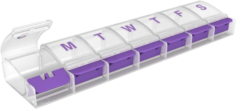 EZY DOSE Weekly (7-Day) AM/PM Daily Pill Organizer, Vitamin Case, and Medicine Container, X-Large Compartments, Arthritis Friendly, Convenient with Effortless Portability, Clear/Purple Lids, BPA Free Purple X-Large 8.75"x2"x1"