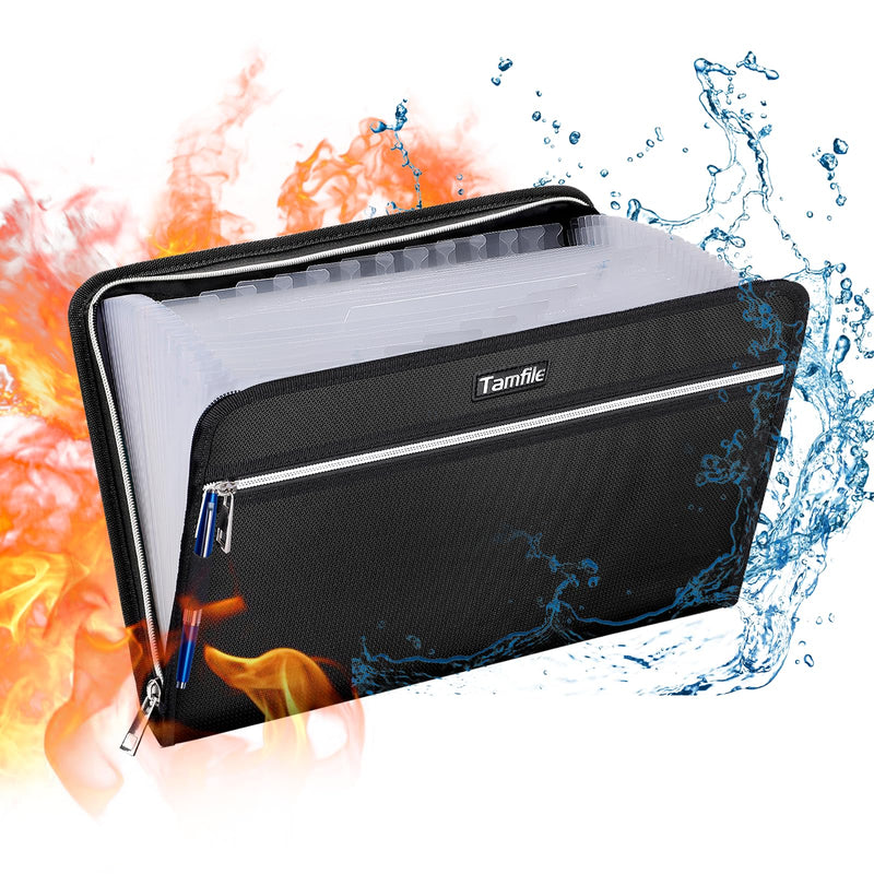 Tamfile Fireproof Waterproof Safe Expanding File Folder Accordion Document Organizer with 24 Pockets Portable Money File Bag Filing Holder and Lables/3Zippers A4 Letter Size (Black,14.3" 9.8") White