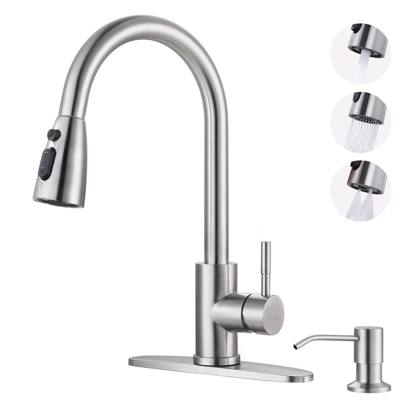 WOWOW Kitchen Sink Faucet with Soap Dispenser, Stainless Steel Pull Down Kitchen Faucet Brushed Nickel Utility Sink Faucet Single Handle High Arc Kitchen Tap for Sink, RV, Laundry, Bar Kitchen Faucet with Soap Dispenser A: Brushed Nickel