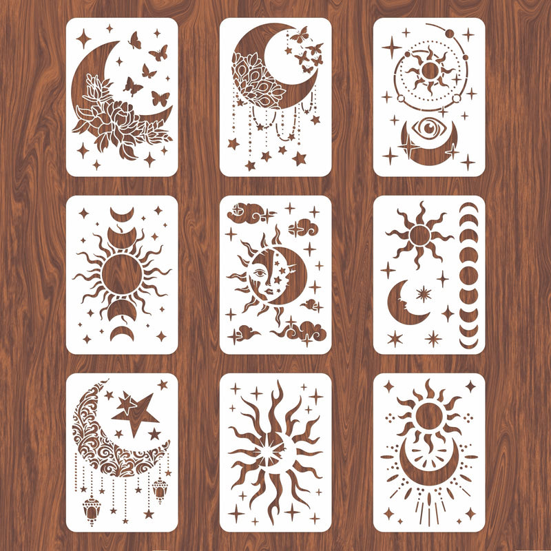 INFUNLY 9PCS/Set Sun Moon Wall Stencils for Painting 12x8 Mandala Tile Stencil Large Flower Star Concrete Floor Stencils Reusable Drawing Template for Painting Wood Canvas Furniture Patio Home Decor Star Moon Stencil