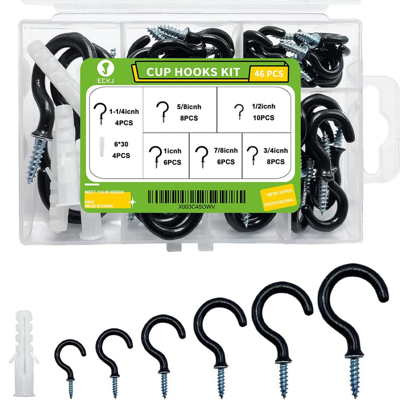 Small Black Screw-in Hooks Assorted Kit with Plugs, 1/2", 5/8", 3/4", 7/8", 1", 1-1/4" Vinyl Coated Cup Hooks for Hanging Home Decorations, Christmas Lights, Wind Chimes, Crafts - 46 Pcs 4 46pcs Vinyl Coated Cup Hooks Assorted Kit Vinyl Coated Black