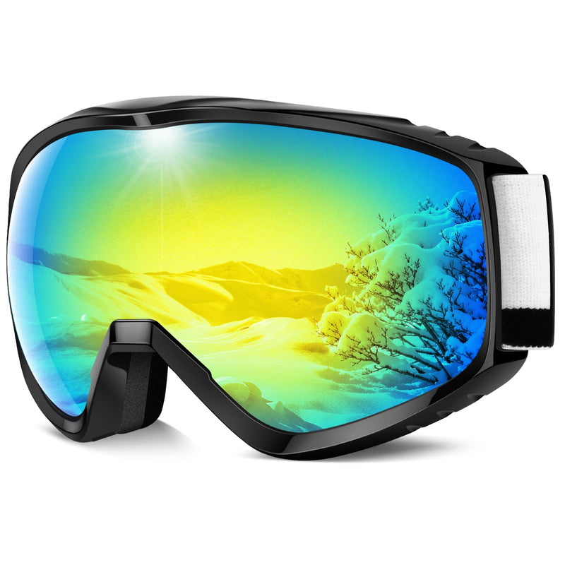 findway OTG Ski Goggles - Over Glasses Snow Snowboard Goggles for Men Women Adult & Youth - Anti-Fog 100% UV Protection Black Frame-revo Gold -Vlt-10%
