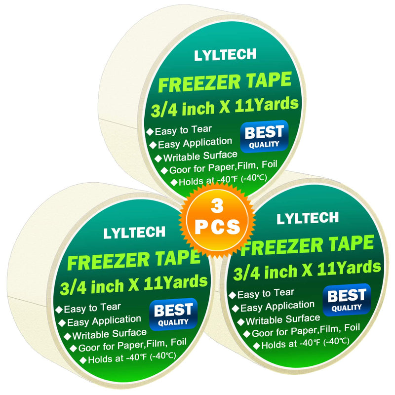 Freezer Tape 3 Rolls, Removable Labels,Writable Surface,Easy to Tear, Working Between -40℉ to 150℉ Temperature, 3/4 in x 11 yd