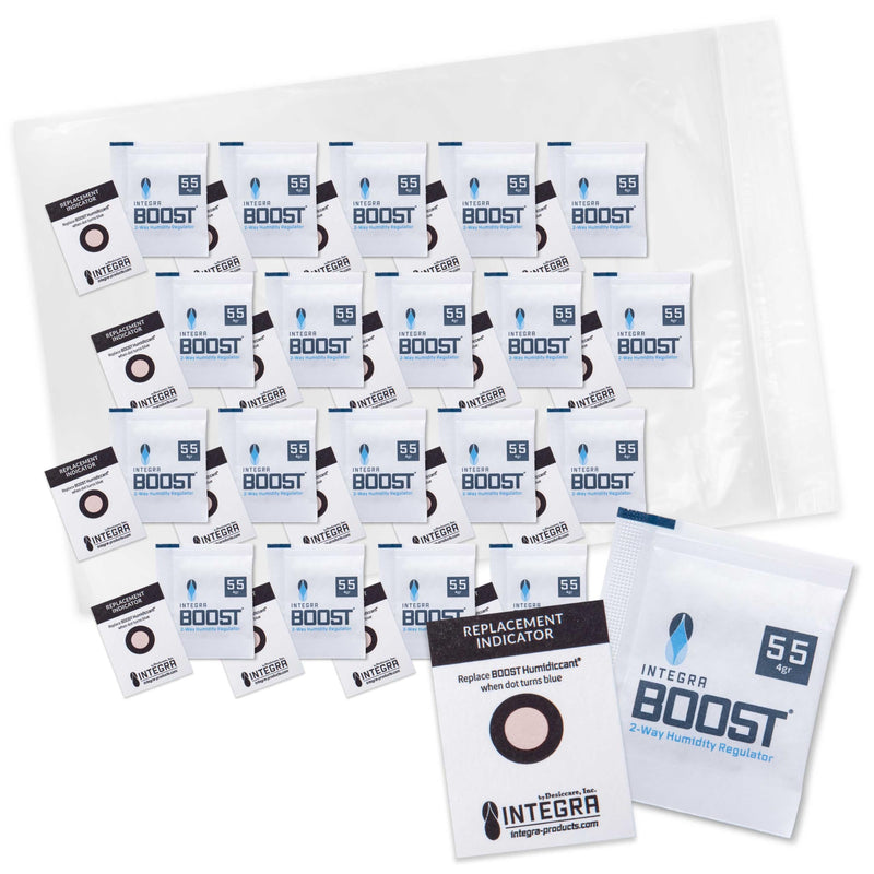 Integra Boost 55% RH Level - 4 Gram Size - Two-Way Humidity Control Pack - Incl. Replacement Indicator Cards - Food Storage & Herbs Moisture Balancer for Up to 1/2 oz (Pack of 20) Pack of 20
