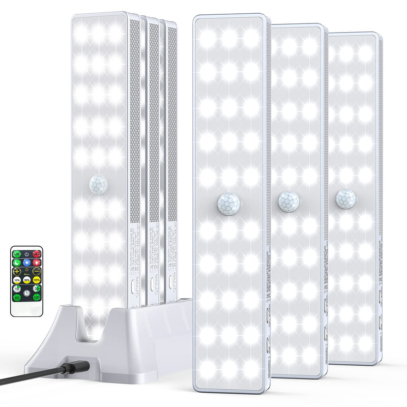 LED Closet Light with Charging Station, 6 Pcs Dimmer Rechargeable Motion Sensor Under Cabinet Lighting with Remote Control, Wireless Stick-Anywhere Night Light for Wardrobe,Kitchen White 6 Pack with Stand