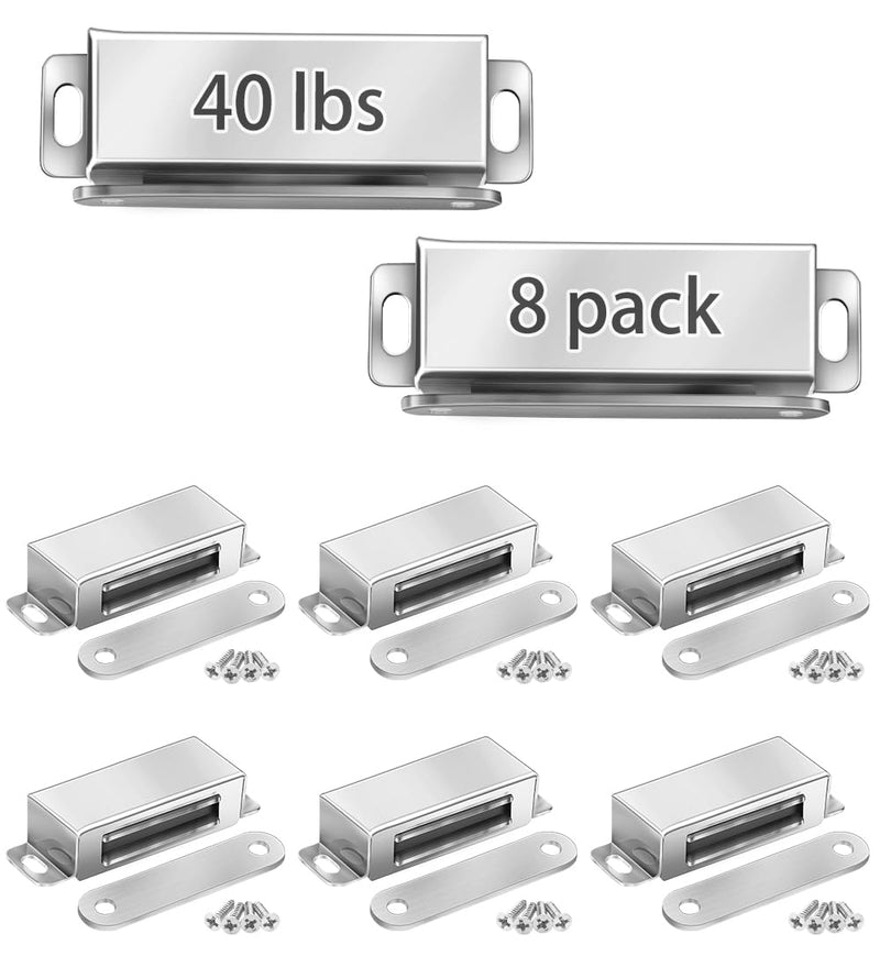 Onarway Magnetic Door Catch 20KG Pull Strong Magnet Cabinet Latches Magnetic Hardware Stainless Steel Chrome Door Closer for Bathroom Kitchen Sliding Door Window Cupboard (40lbs Strength 8 Pack) 40lbs Strength 8 pack Silver