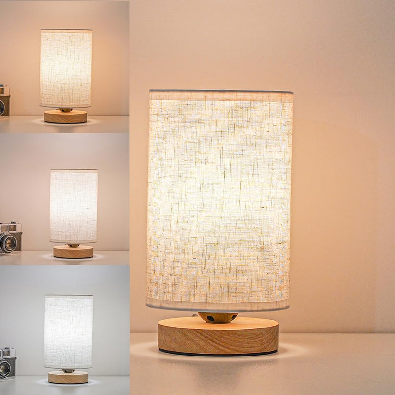Small Bedside Night Table Lamp for Bedroom, Minimalist Nightstand Lamp with Round Fabric Linen Shade, Study Reading Desk Lamp for Kids Room, Living Room, College Dorm, Home, Office set of 1