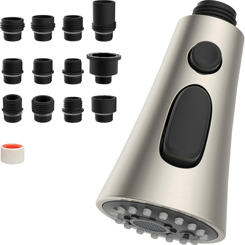 Hibbent Pull Down Kitchen Faucet Head Replacement, 3-Function Kitchen Faucet Head Sink Spray Nozzle with 12 Adapters Compatible with Moen, American Standard, Delta, Kohler Faucets, Brushed Nickel High-quality Plastic with 12 Adapters