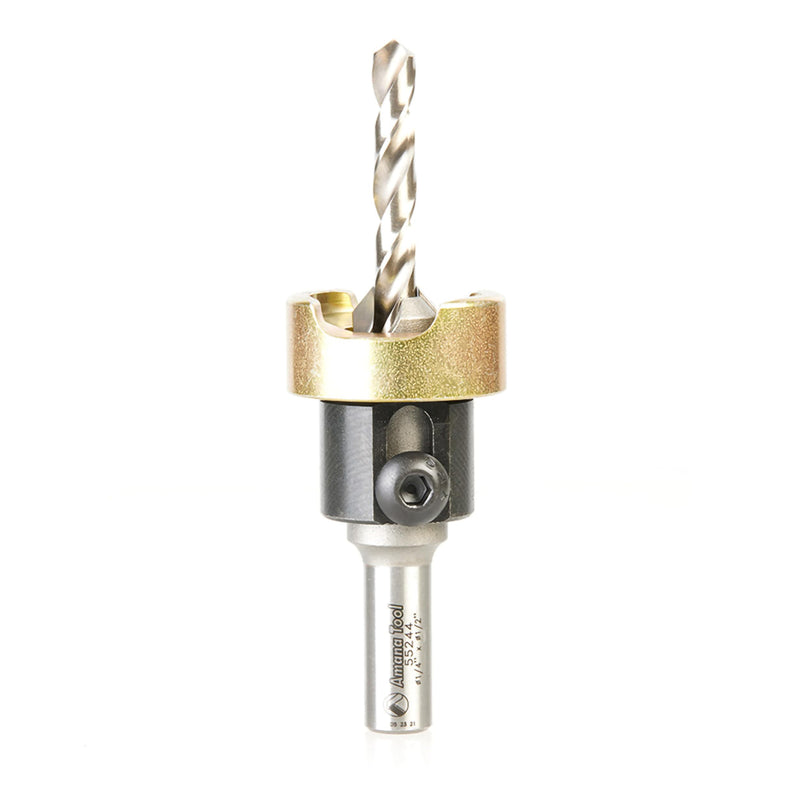 Amana Tool 82 Degree Countersink with Drill Bit Depth Stop and No-Thrust Ball Bearing, 55244, 1/2 D x 1/4 Drill Dia x 10mm Round Shank