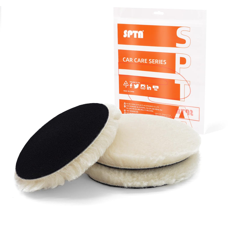 SPTA Wool Buffing Polishing Pads, 3Pcs 6 Inch (150mm) Wool Cutting Pad, Wool Compounding Pad, Buffing and Polishing Pads for 6 Inch Car Polisher Compounding, Polishing, Buffing 150mm