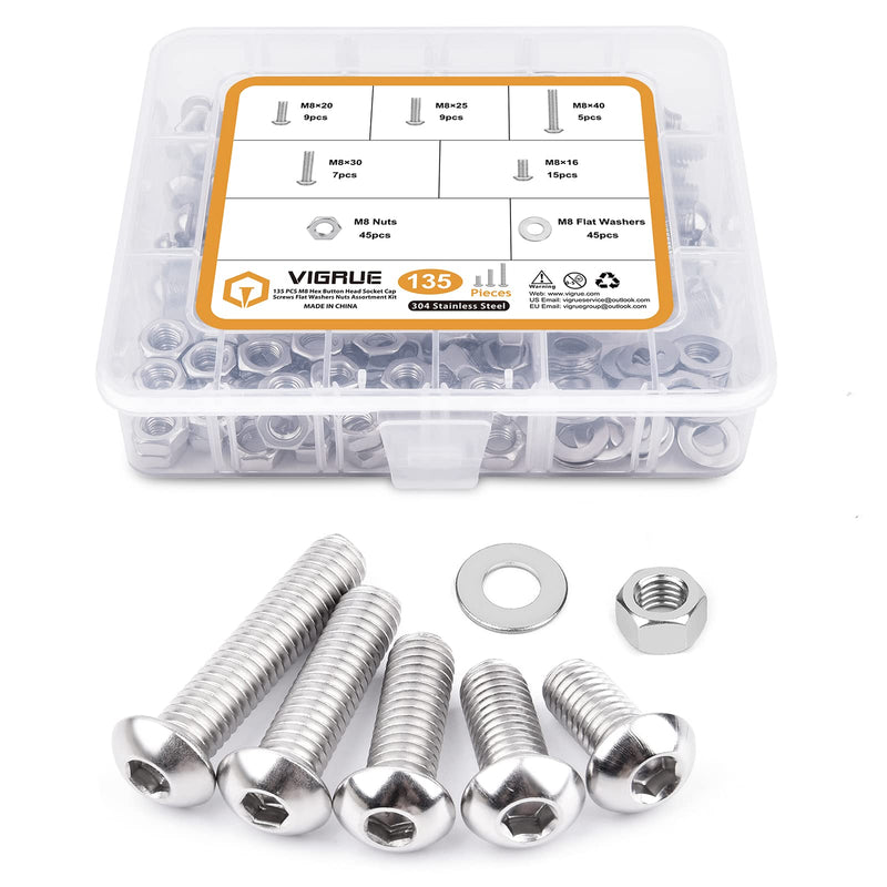 M8-1.25 x 16/20/25/30/40mm Button Head Socket Cap Screws VIGRUE 135PCS M8 Allen Hex Drive Screws Nuts Washers Assortment Kit 18-8 Stainless Steel 304, Bright Finish, Fully Threaded M8-1.25