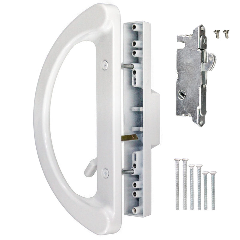 Sliding Door Handle 3-15/16 Inch(10cm) Hole spacing (Right and Left Handed) White Patio Glass Door Handle Set Non-keyed (+ Mortise Lock 45 Degree Keyway)