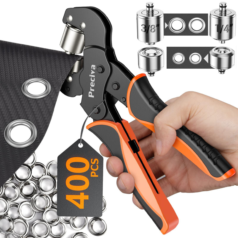 Grommet Tool Kit of 3/8" and 1/4", Preciva 𝐈𝐧𝐭𝐞𝐫𝐜𝐡𝐚𝐧𝐠𝐞𝐚𝐛𝐥𝐞 𝐃𝐨𝐮𝐛𝐥𝐞 𝐇𝐞𝐚𝐝 Handheld Grommet kit with 400pcs Silver Grommets for Advertising Poster, Banner, Ponchos, Cardboard 10 and 6 mm
