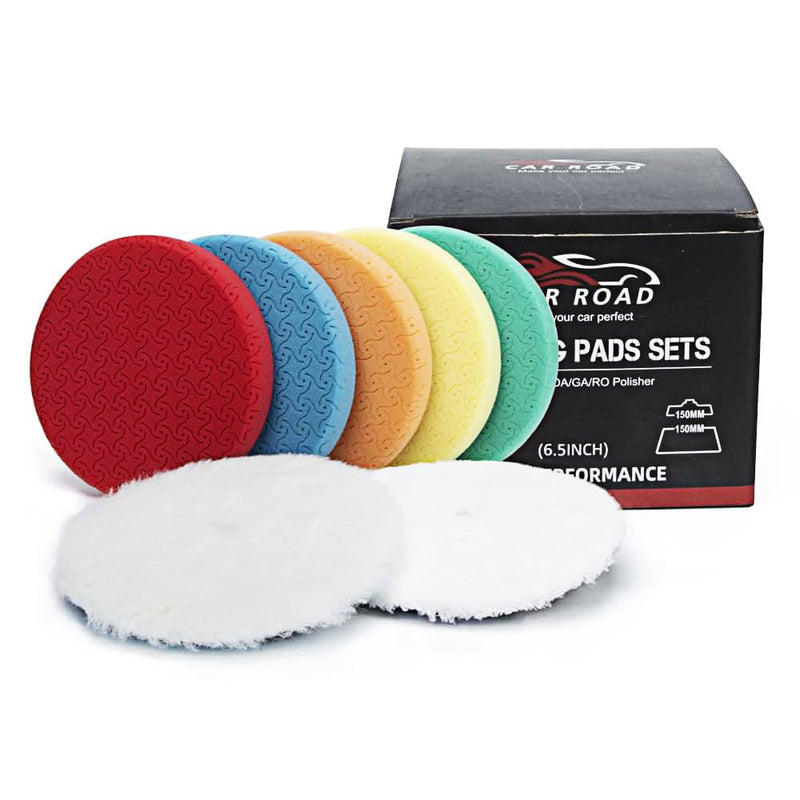 6" Buffing Polishing Pads Kit, 7Pcs 6.5" Backing Plate, Sponge & Woolen Pads - 6" Drill Attachment Set for Car Buffer Polish & Wax (6 Inch (150mm)) 6 Inch (150mm)
