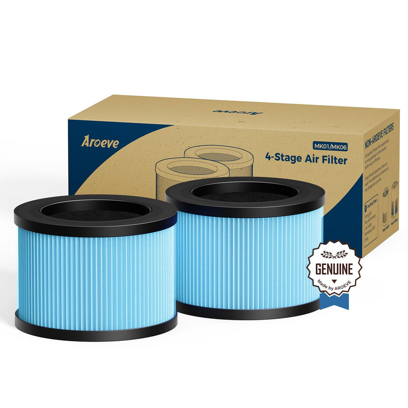 AROEVE MK01 & MK06 Air Filter Replacement 4-in-1 Air Filter for Smoke Pollen Dander Hair Smell Suitable- Standard Version(2 Pack) Blue