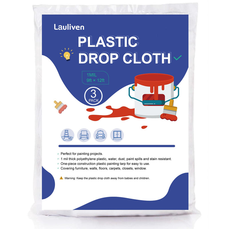 3-Pack Plastic Drop Cloth, 9x12 Feet Clear Plastic Painting Tarps Waterproof, 1 Mil Thick Drop Sheet for Furniture Couch Floor Cover 3 Pack, 9'x12'