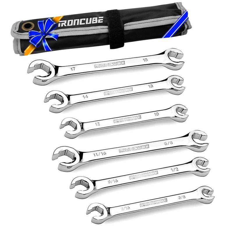 Flare Nut Wrench Set: 6-piece SAE & Metric Line Wrench Set for Removing or Replacing Nuts on Fuel, Brake or Air Conditioning Lines, Organizer Pouch Included