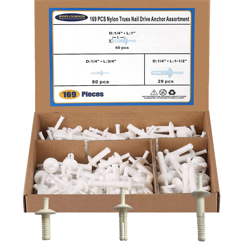 Nylon Truss Nail Drive Anchor Assortment, Nylon Nail Drive Anchors, 1/4'' x 3/4'', 1/4'' x 1'', 1/4 x 1-1/2'' BUSY-CORNER 169 Pieces