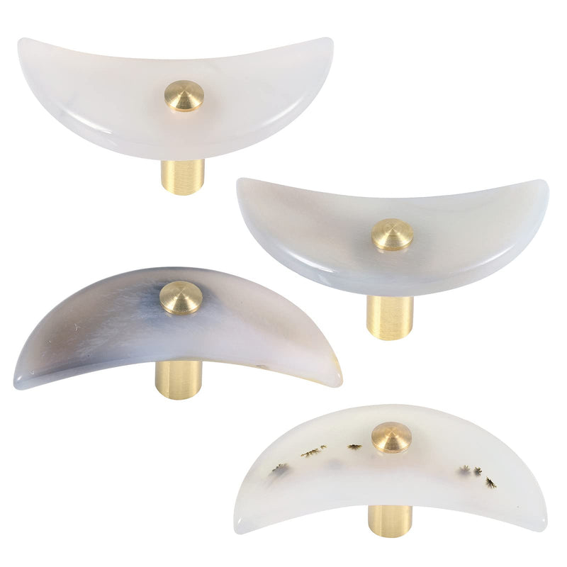 TUMBEELLUWA 4 Pcs Crescent Moon Agate Cabinet Knobs with Brushed Brass Base | Polished Finish, Stainless Steel Screws, Moon Knobs for Nightstand Cabinets Drawers, Boho Home Decor, Housewarming Gift