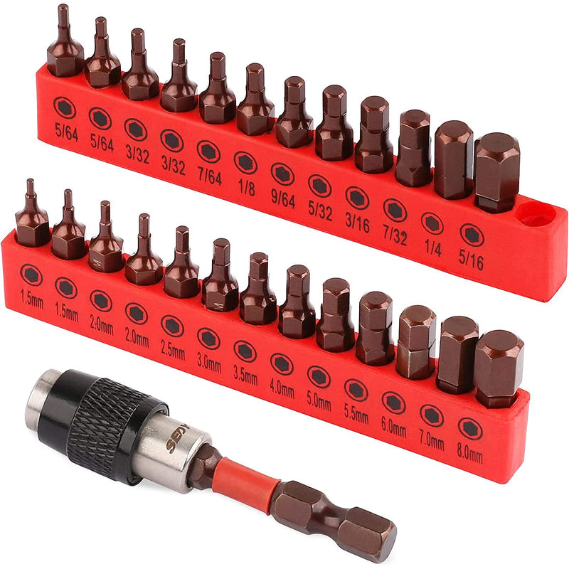 25-Piece Hex Bit Set - Premium Allen Key Drill Bit Set, Durable Allen Wrench Drill Bits, Hex Ket Drill Bit Set & Quick Change Bit Holder, SAE Metric Hex Drill Bit Set Strong Magnetic Tips 25-Piece Hex Bit Set