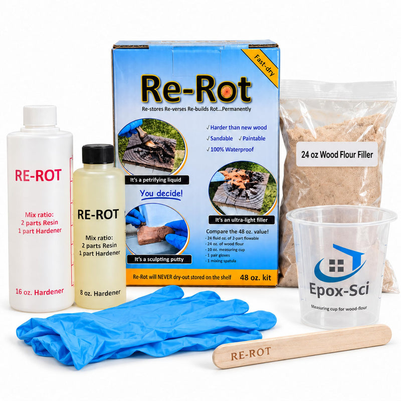 Re-Rot Wood Rot Repair Kit, 48 oz Penetrating Epoxy with Wood Flour Filler & Tools 48 Ounce