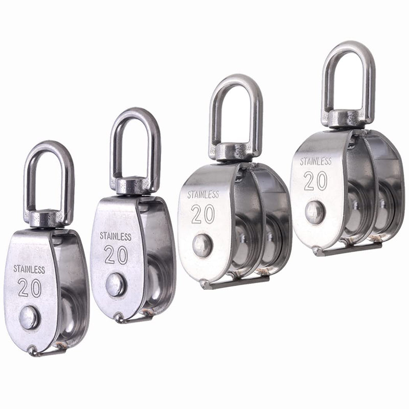 Rocaris 4 Pack M20 Pulley Block, 2 Pcs Single Pulley & 2 Pcs Double Pulley 304 Stainless Steel Wire Rope Lifting Swivel Hook 2 Pack Single & 2 Pack Double