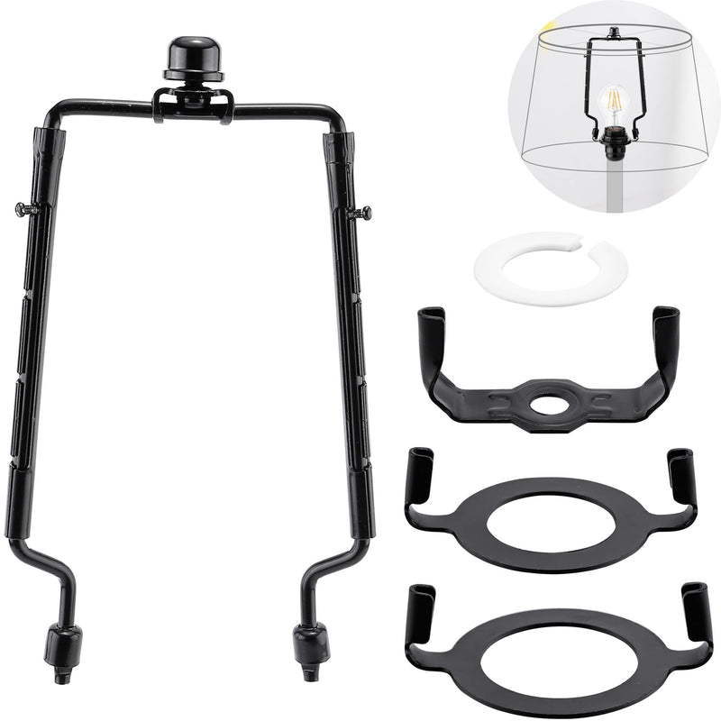 Mornajina 7 8 9 10 inch Lamp Shade Harp Holder, Adjustable Lamp Harps and Finals, Fit both Standard Lamp Rod and E26 E27 Light Base UNO Fitter Adapter Converter Finial Set (Black) Black