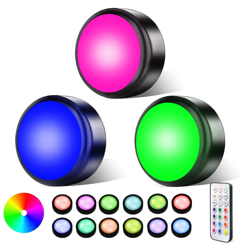 Push Lights with Remote Puck Lighting Battery Operated Tap Lights Button Stick On Color Changing Led Lights 6 Pack (3 Black) 3 BLACK