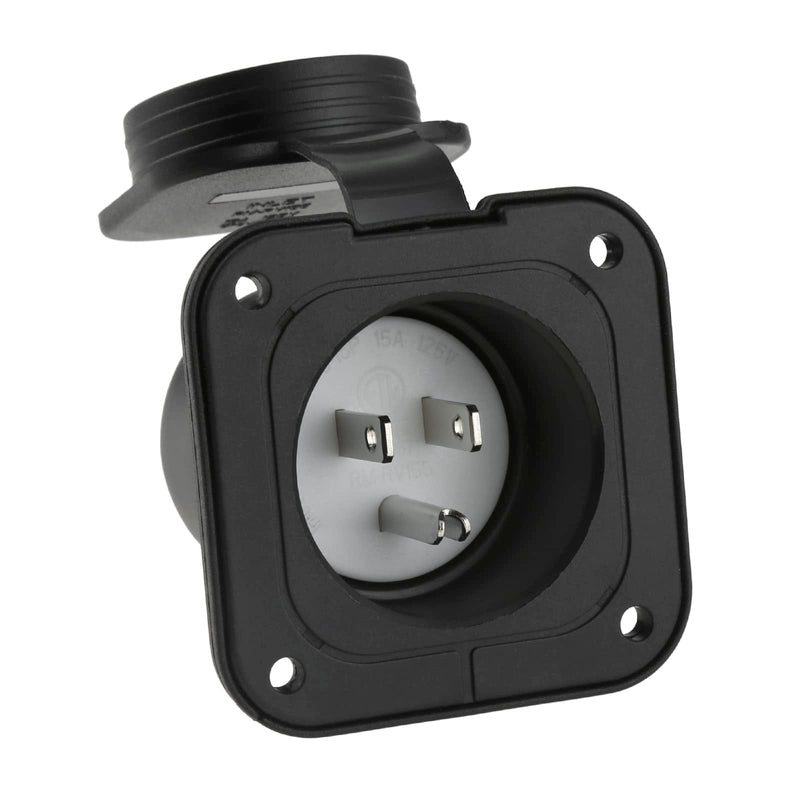 15 Amp Flanged Inlet, 125V NEMA 5-15P Shore Power Inlet Receptacle, AC Port Plug with Waterproof Cover Recessed Male Outlet, 2 Pole 3-Wire Straight Blade Electric Plug for RV Trailer Shed Block Heater